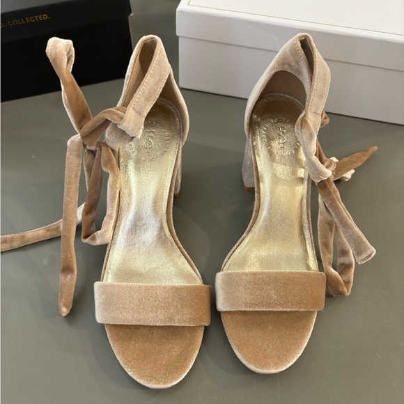 Forever Soles- Nude/Tan Velvet Sister Heels- Size 8 with lace up strap - Picture 3 of 7